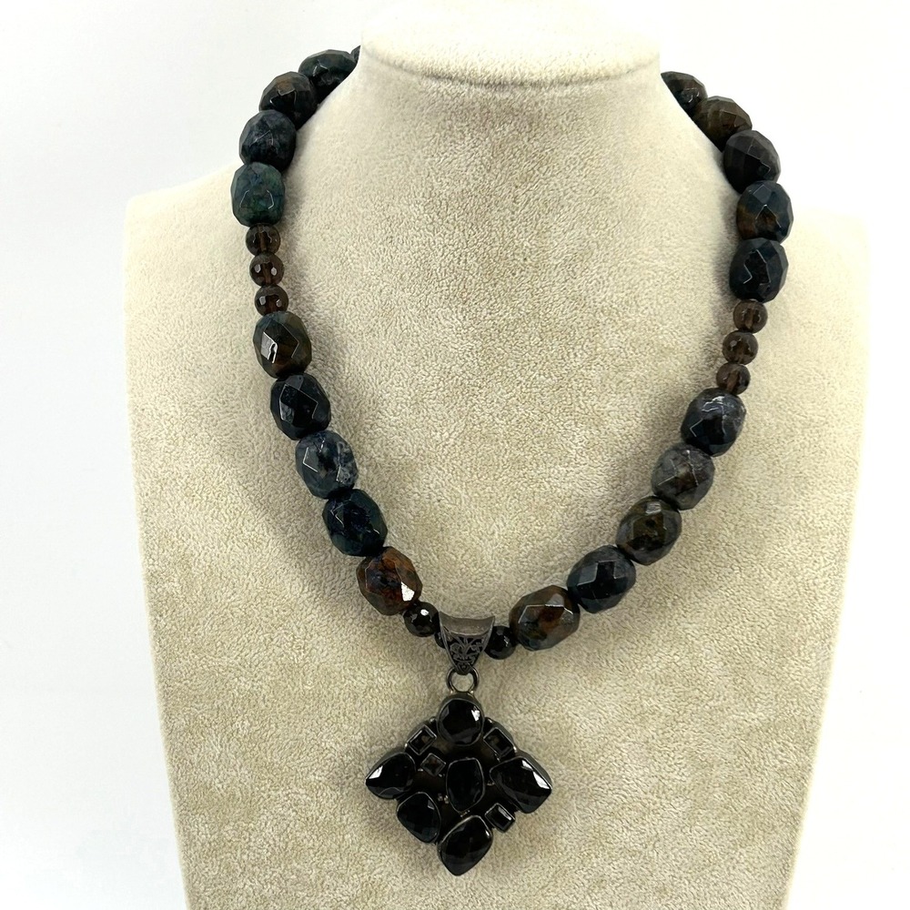 Smoky Quartz Pietersite Beaded Statement Necklace Toggle Clasp Silver Tone 18in